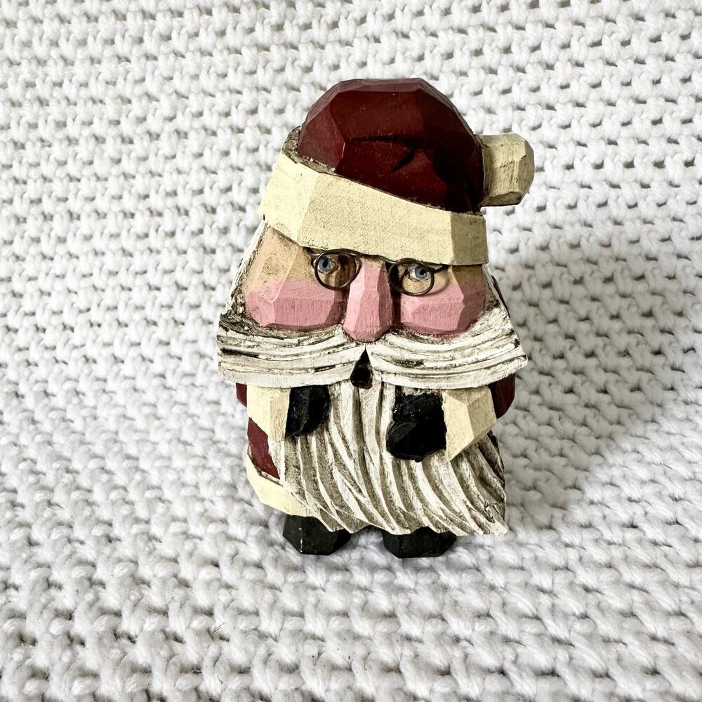 Signed RJ Zeit ‘96 Carved Wood Folk Art Primtive Santa Glasses Figurine